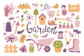 Set of tools garden. Shovel, wheelbarrow, plants, watering can, gardening gloves, seedlings. Vector flat illustration Royalty Free Stock Photo