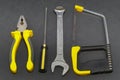 A set of tools on a gray background pliers, screwdriver Royalty Free Stock Photo