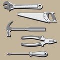 Tools hammer wrench saw screwdriver pliers. Vector image