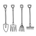 Set of tools for harvesting and planting. Shovel, rake, pitchfork in hand drawn doodle style isolated on white