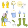 A set of tools and items for working in the garden. And a mature woman working in a garden