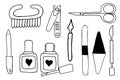 Set of tools for manicure. Hand drawing doodle sketch illustration vector. Scissors, cuticle nipper, nail files, nail Royalty Free Stock Photo