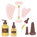 Set tools for massage gouache, vacuum cans and oil for self-massage. Vector color illustration, hand drawn. vector