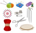 Flatvector set of tools and materials for sewing and knitting. Tailoring equipment. Needlework accessories