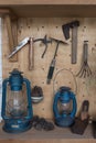 Set of tools over a wood panel vintage.