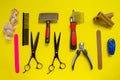 The set of tools for pet grooming. Brushes, special professional combs, furminator, claw files and tweezers, scissors, clicker, ta