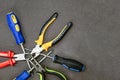 Set tools red yellow black pliers iron screwdriver blue copy space design base