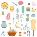 Set of tools for sewing, needlework, knitting. Kit set with scissors