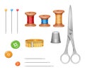 Set of tools for tailoring. Realistic stool, needle, thread, scissors, buttons and thimble Royalty Free Stock Photo