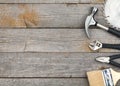 Set of tools on wood background