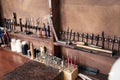 Set of tools for work with leather in workshop Royalty Free Stock Photo