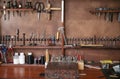 Set of tools for work with leather in workshop Royalty Free Stock Photo