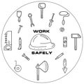 Set of tools - work safely. Isolated vector logo, icon, illustrations. Idea for working themes. Ready-made artworks. Royalty Free Stock Photo