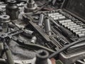 A set of tools and wrenches in a car workshop Royalty Free Stock Photo