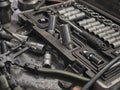 A set of tools and wrenches in a car workshop Royalty Free Stock Photo