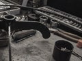 A set of tools and wrenches in a car workshop Royalty Free Stock Photo