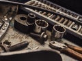 A set of tools and wrenches in a car workshop Royalty Free Stock Photo