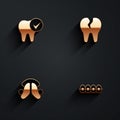 Set Tooth, Broken tooth, Dental plate and Teeth with braces icon with long shadow. Vector