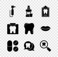 Set Tooth drill, Mouthwash bottle, Dental card, Painkiller tablet, search, X-ray of tooth and icon. Vector