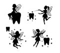 Set of tooth fairies. Little creatures with wings. Tooth fairies in different poses. Mythical fairy tale characters in