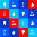 Set Tooth, Profile settings, Smartphone with contacts and Water drop icon. Vector