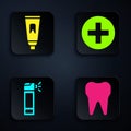 Set Tooth, Tube of toothpaste, Bottle with nozzle spray and Cross hospital medical. Black square button. Vector