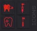 Set Toothbrush, Calcium for tooth, Tooth drill and Tooth with caries icon. Vector