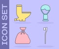 Set Toothbrush, Toilet bowl, Garbage bag and Shaving brush icon. Vector