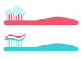 Set of toothbrushes. Brush with paste and with foam. Vector illustration in cartoon flat style. Dental and oral care