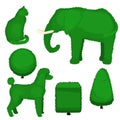 Set of topiary bushes of different shapes. Vector illustration of a elephant, poodle, cat, pyramid, sphere and cube topiary