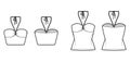 Set of Tops bandeau neck halter tank cotton-jersey technical fashion illustration with thin tieback, slim fit, bow