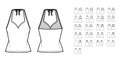 Set of tops halterneck, shirts, tanks, blouses technical fashion illustration with fitted oversized, tunic crop length