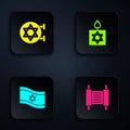 Set Torah scroll, Jewish synagogue, Flag of Israel and Burning candle. Black square button. Vector