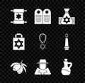 Set Torah scroll, Tombstone with star of david, Jewish money bag, Olives branch, Orthodox jewish hat, Bottle olive oil