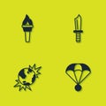 Set Torch flame, Parachute, Bomb explosive planet earth and Military knife icon. Vector Royalty Free Stock Photo