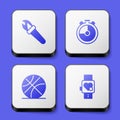 Set Torch flame, Stopwatch, Basketball ball and Smart with heart icon. White square button. Vector