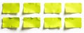 Set of 10 torn bright yellow sticky notes isolated on white background. Notes have rectangular shape with rough edges and subtle Royalty Free Stock Photo