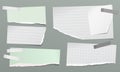 Set of torn green, white note, notebook paper pieces with sticky tape stuck on dark grey background. Vector illustration