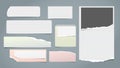 Set of torn white and colorful note, notebook blank, lined paper pieces stuck on blue background. Vector illustration Royalty Free Stock Photo