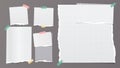 Set of torn white and colorful note, notebook paper pieces stuck on dark brown background. Vector illustration Royalty Free Stock Photo