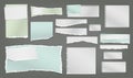 Set of torn white and colorful note, notebook paper strips and pieces stuck on dark grey background. Vector illustration Royalty Free Stock Photo