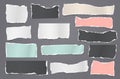 Set of torn white and colorful note, notebook paper strips and pieces stuck on dark grey background. Vector illustration Royalty Free Stock Photo