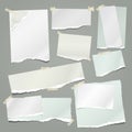 Set of torn white and green note, notebook paper strips and pieces stuck with sticky tape on grey background. Vector illustration Royalty Free Stock Photo