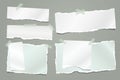 Set of torn white and green note, notebook paper strips and pieces stuck with sticky tape on grey background. Vector illustration Royalty Free Stock Photo