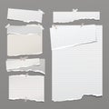 Set of torn white, lined note, notebook paper strips and pieces stuck with sticky tape on dark grey background. Vector Royalty Free Stock Photo