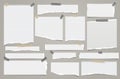 Set of torn white lined note, notebook paper strips and pieces stuck with sticky tape on grey background. Vector