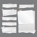 Set of torn white note, notebook paper strips and pieces stuck with sticky tape on dark grey background. Vector illustration Royalty Free Stock Photo