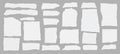 Set of torn white note paper pieces, lined paper are on grey squared background for text, notes or ad.