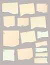 Set of torn yellow note, notebook paper pieces stuck with sticky tape on gray vertical background. Vector illustration Royalty Free Stock Photo