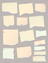 Set of torn yellow note, notebook paper pieces stuck with sticky tape on gray vertical background. Vector illustration Royalty Free Stock Photo